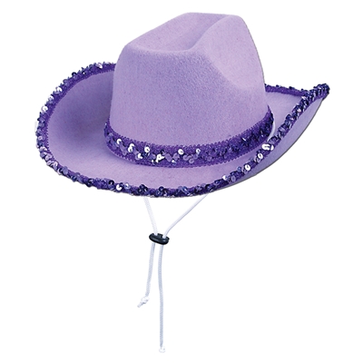 Purple felt cowgirl hat with purple sequined embelishments.