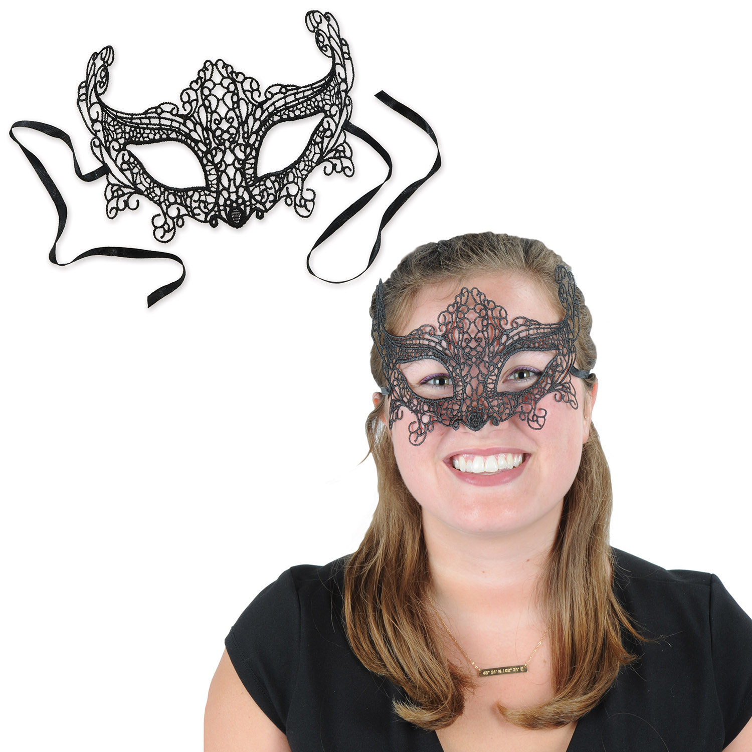 Black lace mask with black ribbon attached. 