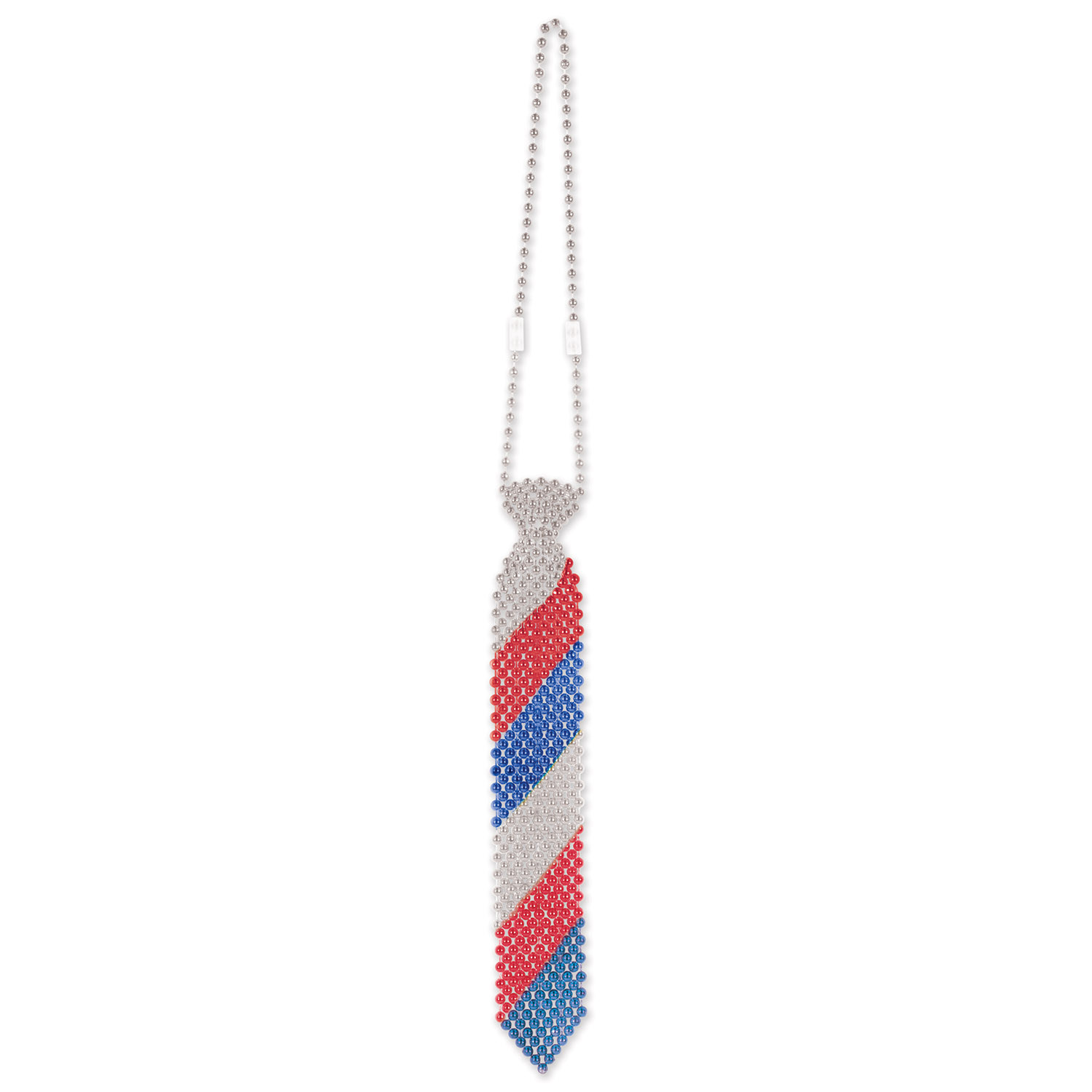 red white and blue tie made out of beads