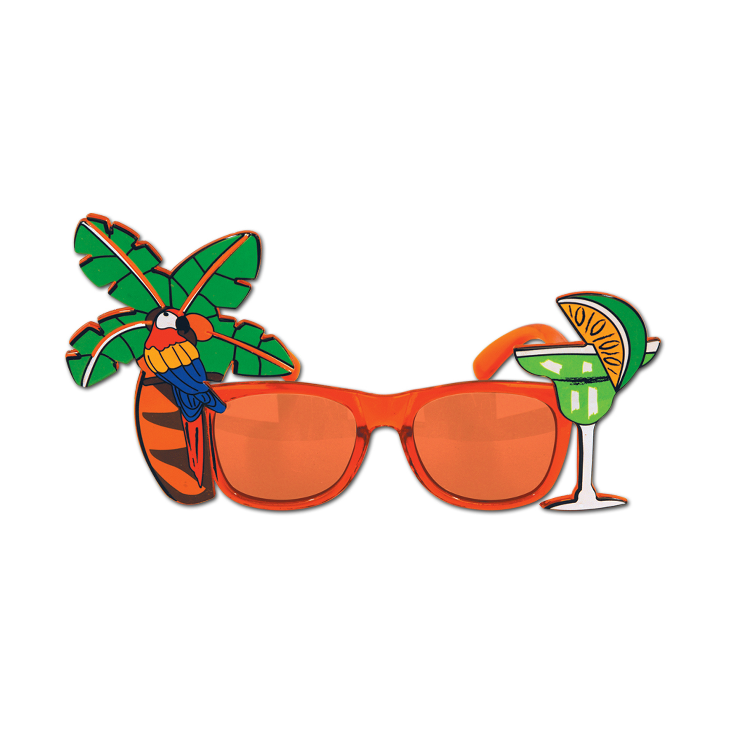 orange eyeglasses with a palm tree and margarita on them