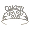 Silver plastic tiara covered in glitter with an authentic design and the word queen.