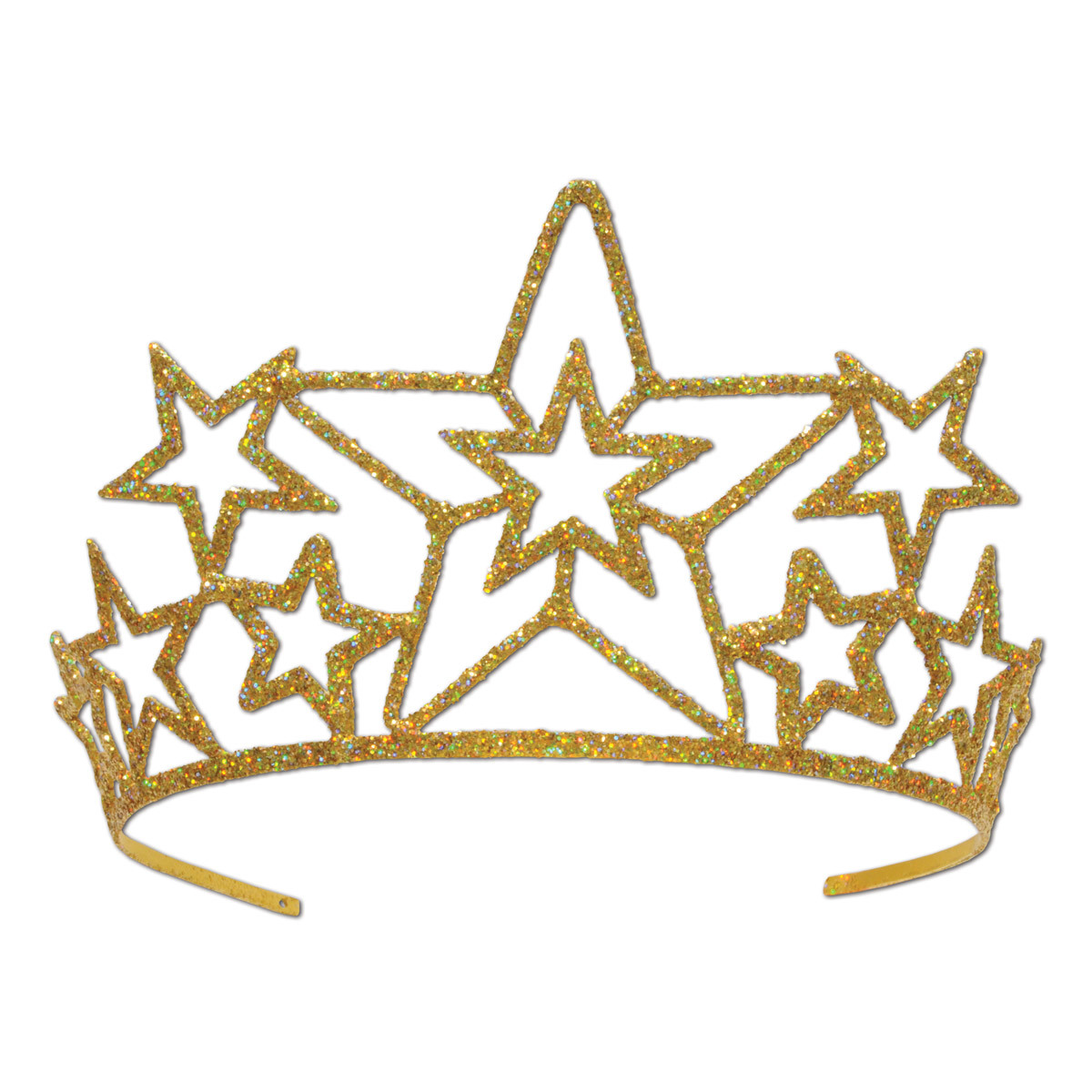 Gold plastic glittered tiara with various sized stars deplayed.