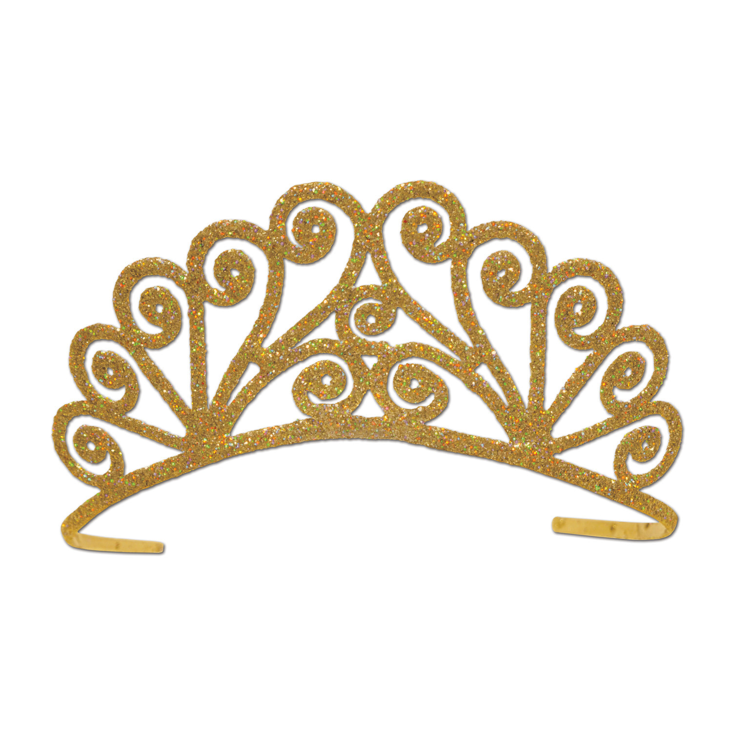 Gold plastic tiara covered in glitter with a swirly design.