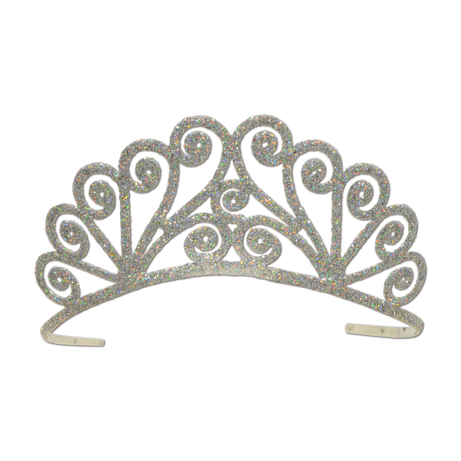 Silver plastic tiara covered with glitter and a swirly design.