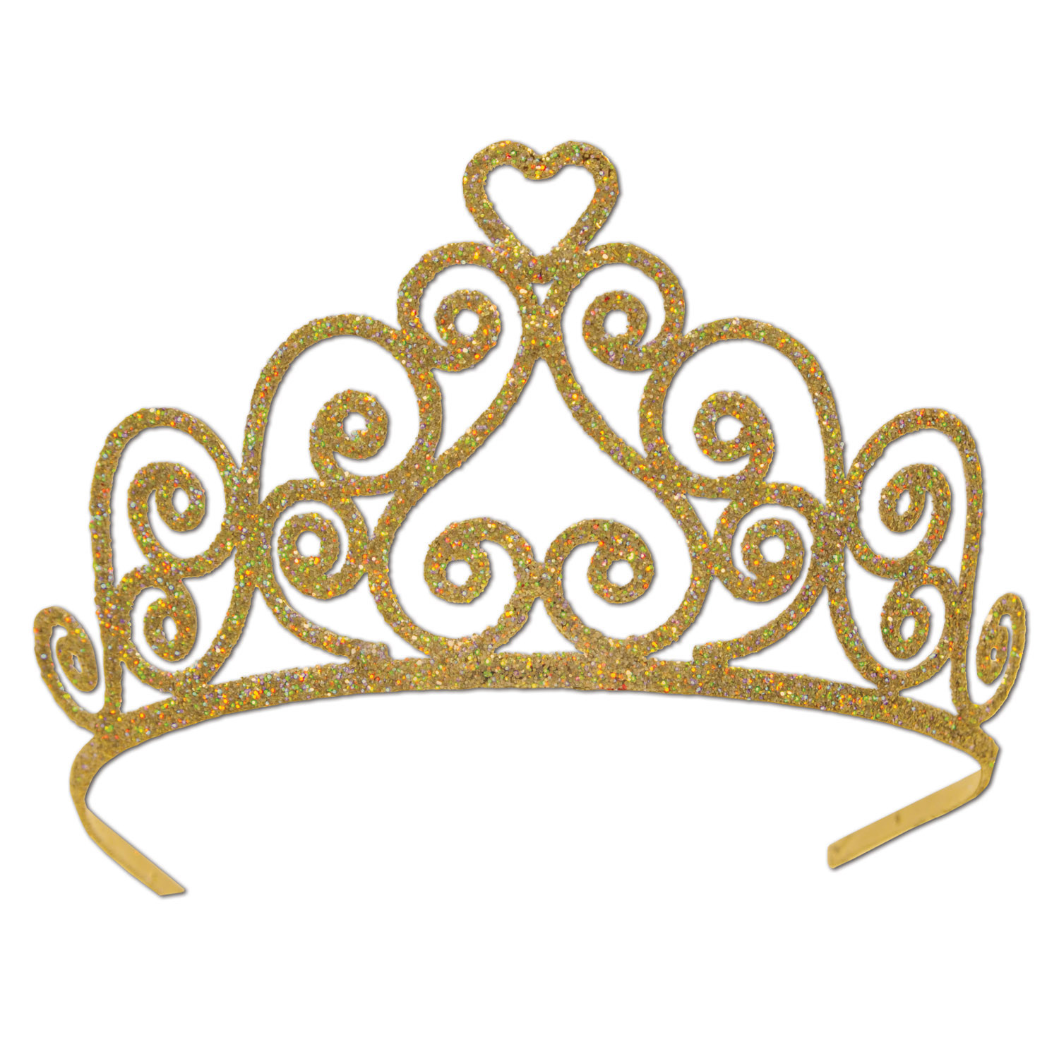 Gold plastic tiara with glitter and a swirly design.