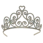Silver plastic tiara with glitter and a swirl design.