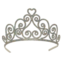 Silver plastic tiara with glitter and a swirl design.