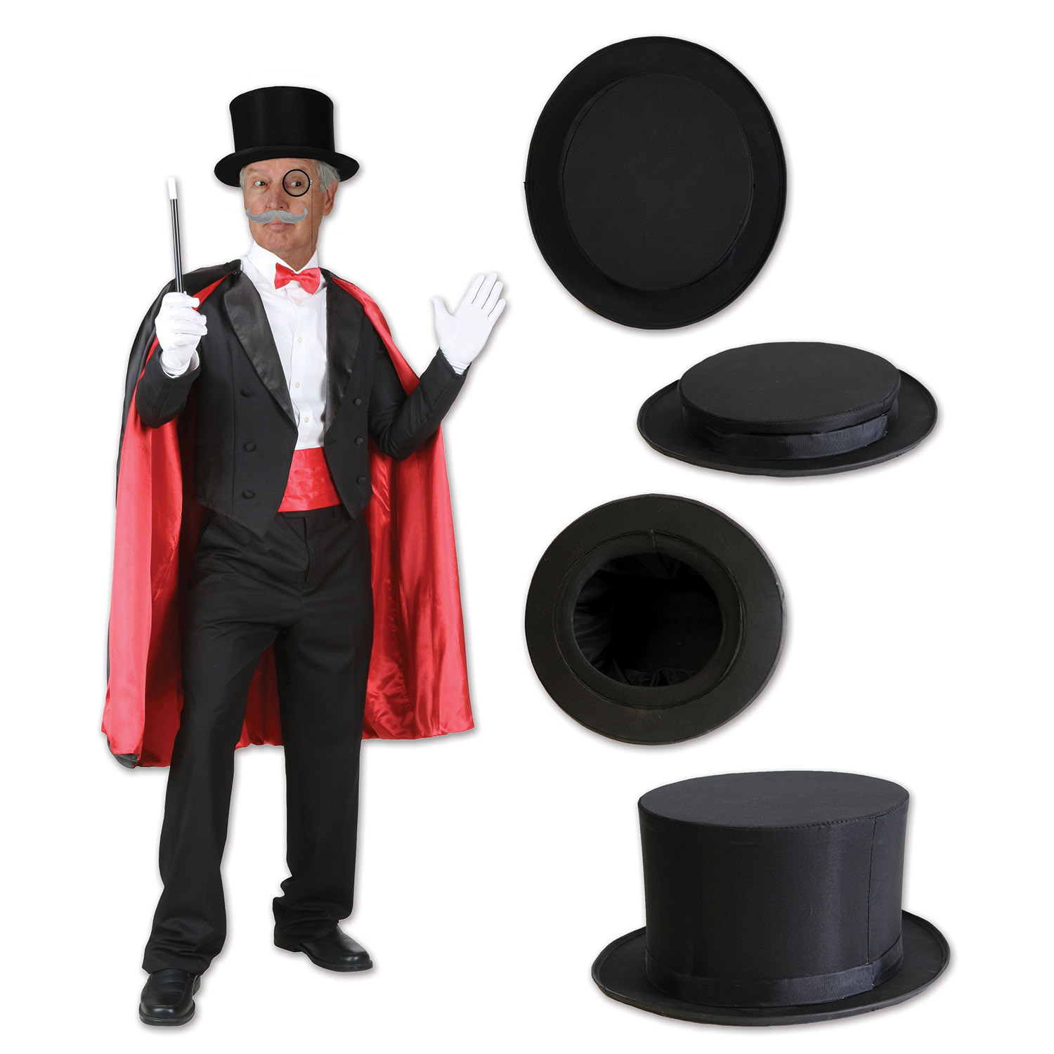 Calapsable top hat made of black fabric material.