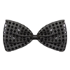 Black fabric material bow tie with sequines and an elastic band.