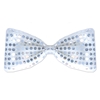 Silver material bow tie with sequines and an elastic attached.