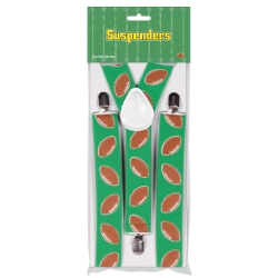 green suspenders with brown footballs