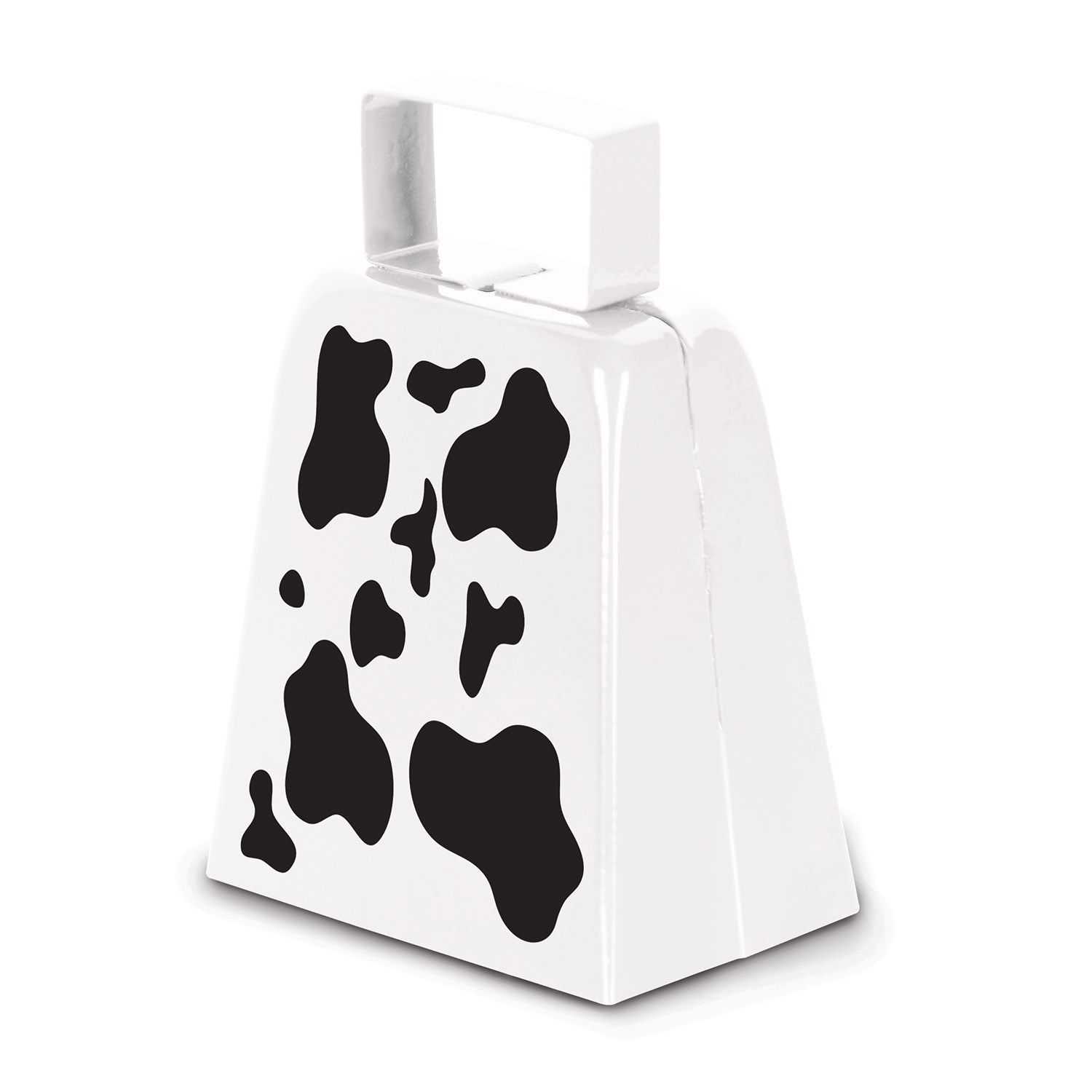 White metal cowbell with a bell to ring and black cow spots.