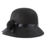 Felt material cloche hat with a band that comes to a flower design.