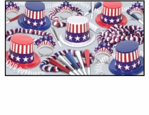 patriotic party kit that has red, white, and blue hats with american flags on them along with horns, leis, and tiaras