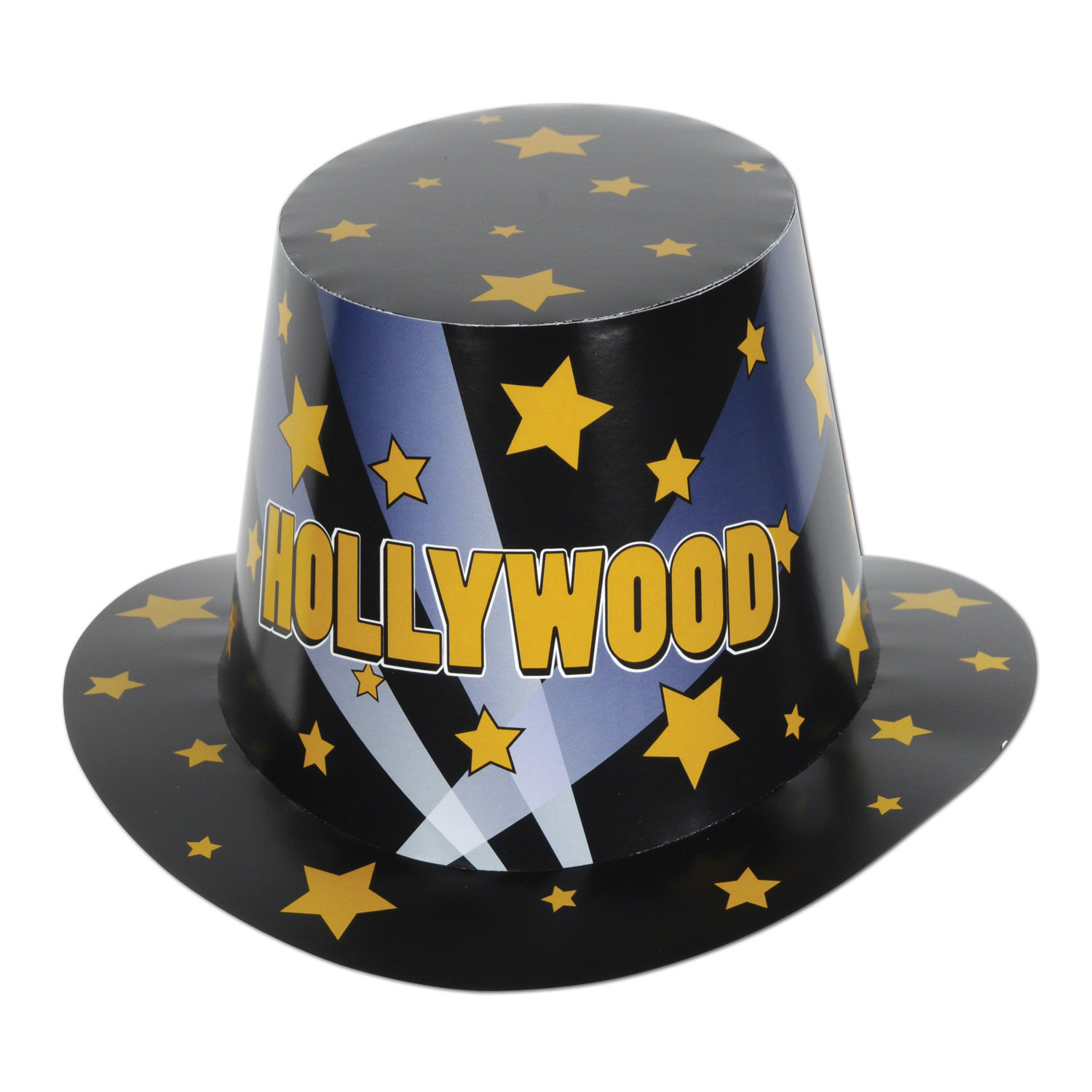 Black Hollywood hi-hat with golden stars and light beams.
