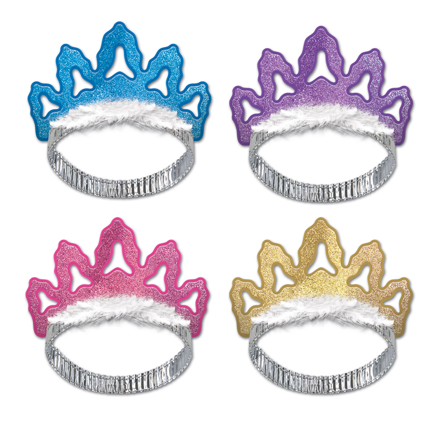 Tiaras in the colors of blue, purple, pink and gold made of card stock material with a layer of glitter.