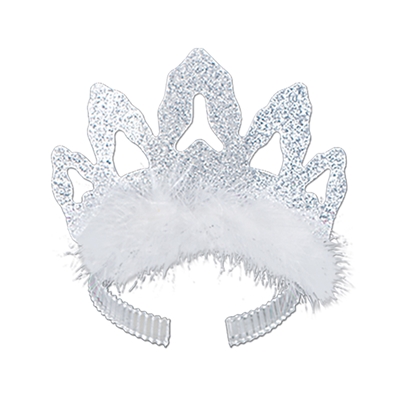 Glittered card stock tiara with white fuzzy lining in the front.
