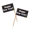 Decorative food picks with black flag, white Happy New Year writing and colorful confetti designs. 