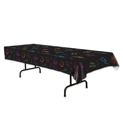 Plastic table cover with a black background and neon colored icons with the words "Happy New Year".