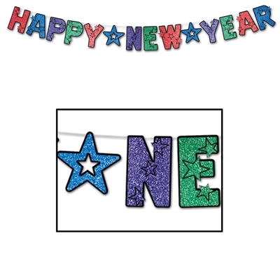 Black Happy New Year streamer with alternating glittered, colored lettering. 