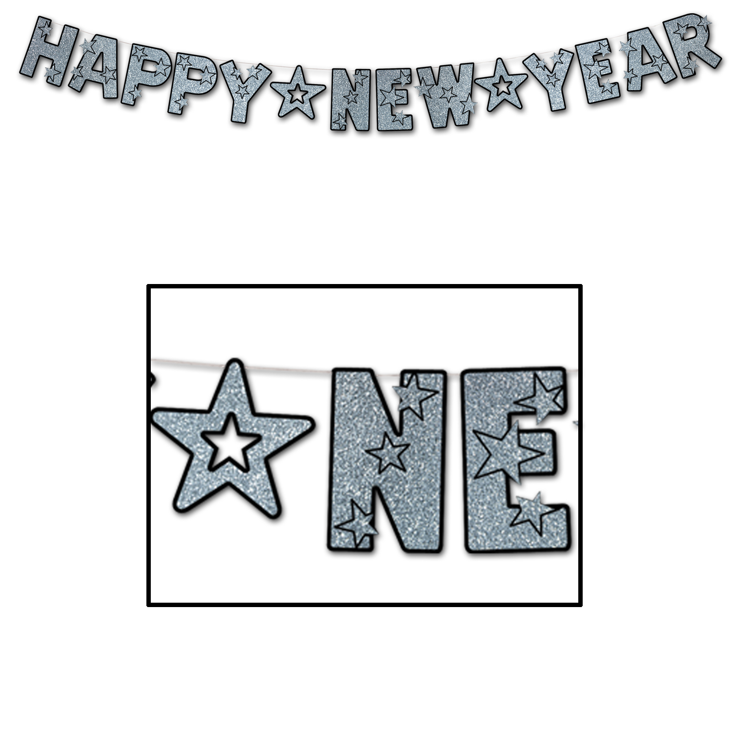 Black Happy New Year streamer with silver glittered lettering.