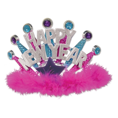 Tiara over flowing with glam of pink, purple, and teal with the words "Happy New Year" and a light up feature.