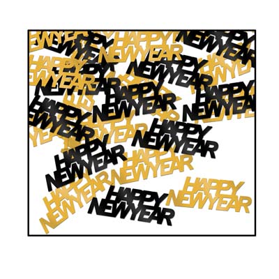 Black and Gold metallic confetti in the words of "Happy New Year".