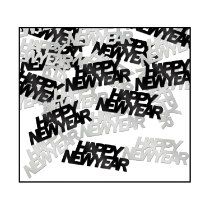 Black and silver 'Happy New Year" confetti pieces.