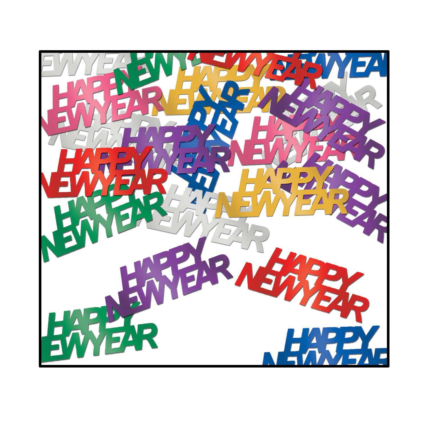 Metallic material multi-colored confetti that reads "Happy New Year".