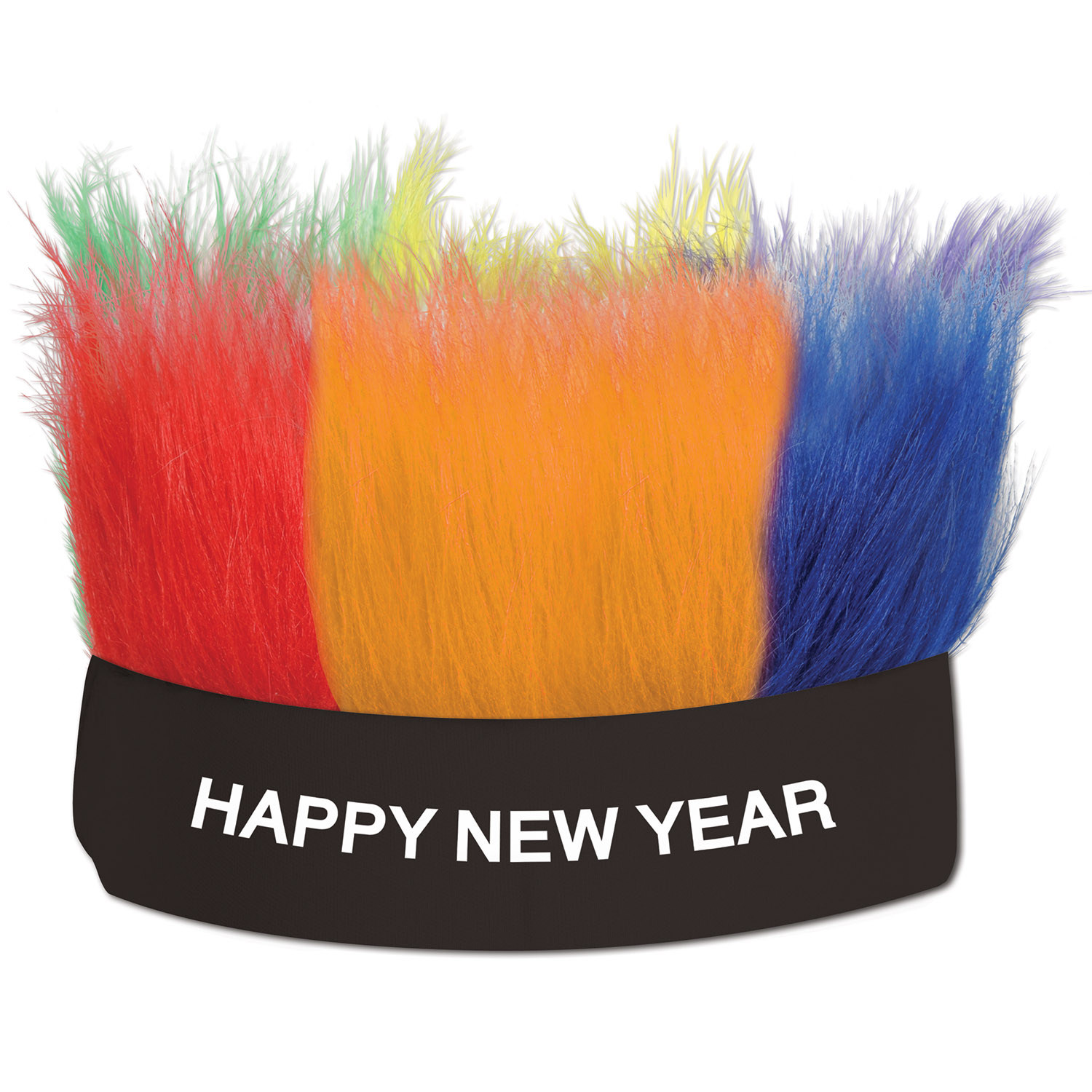 Black headband that reads "Happy New Year" in white and fun hair standing straight up in chunks of red, yellow, orange, green, blue and purple.