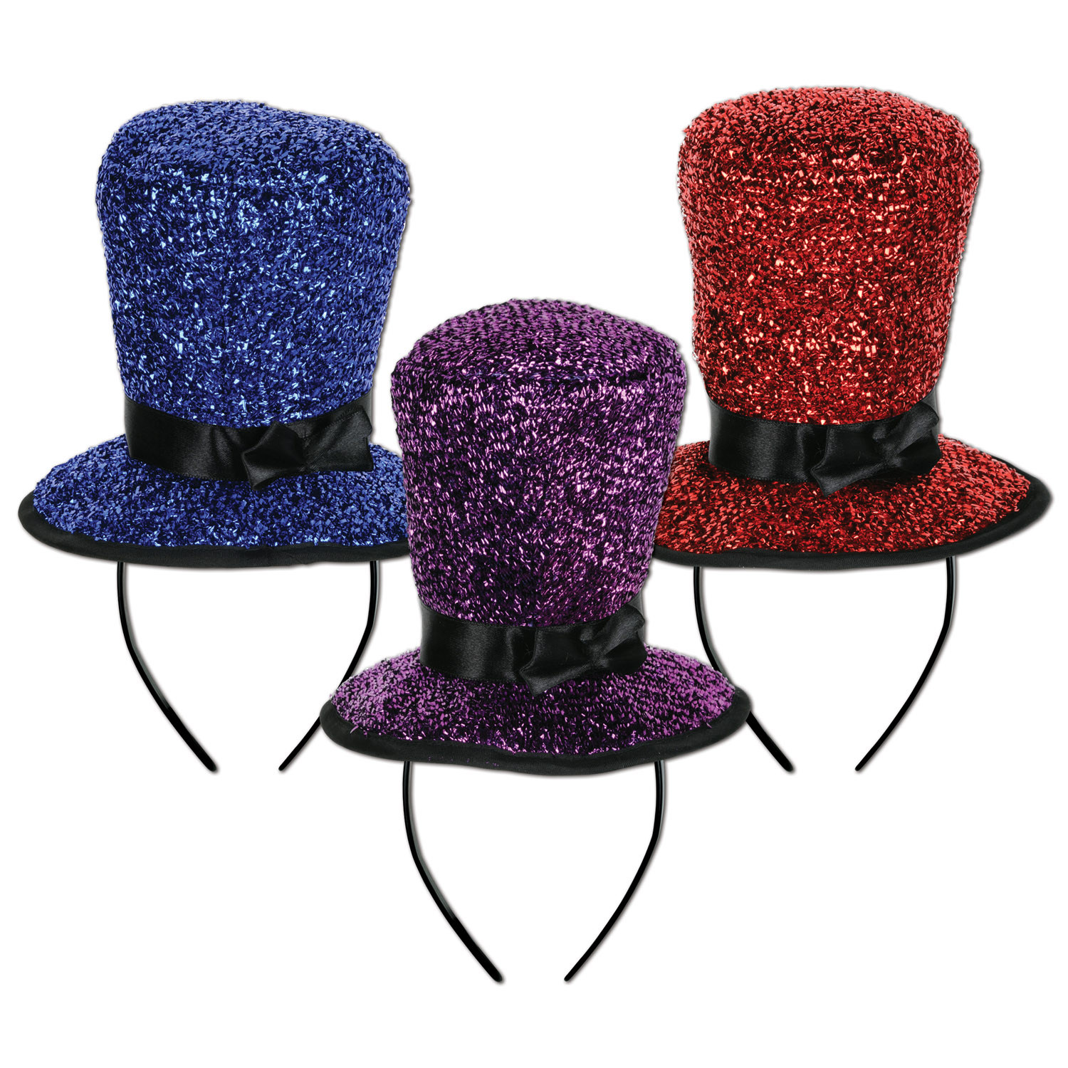 Plush marterial top hat in either blue, purple or red attached to a black headband.