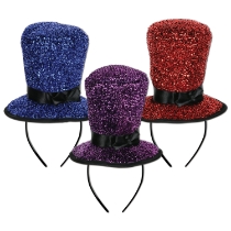 Plush marterial top hat in either blue, purple or red attached to a black headband.