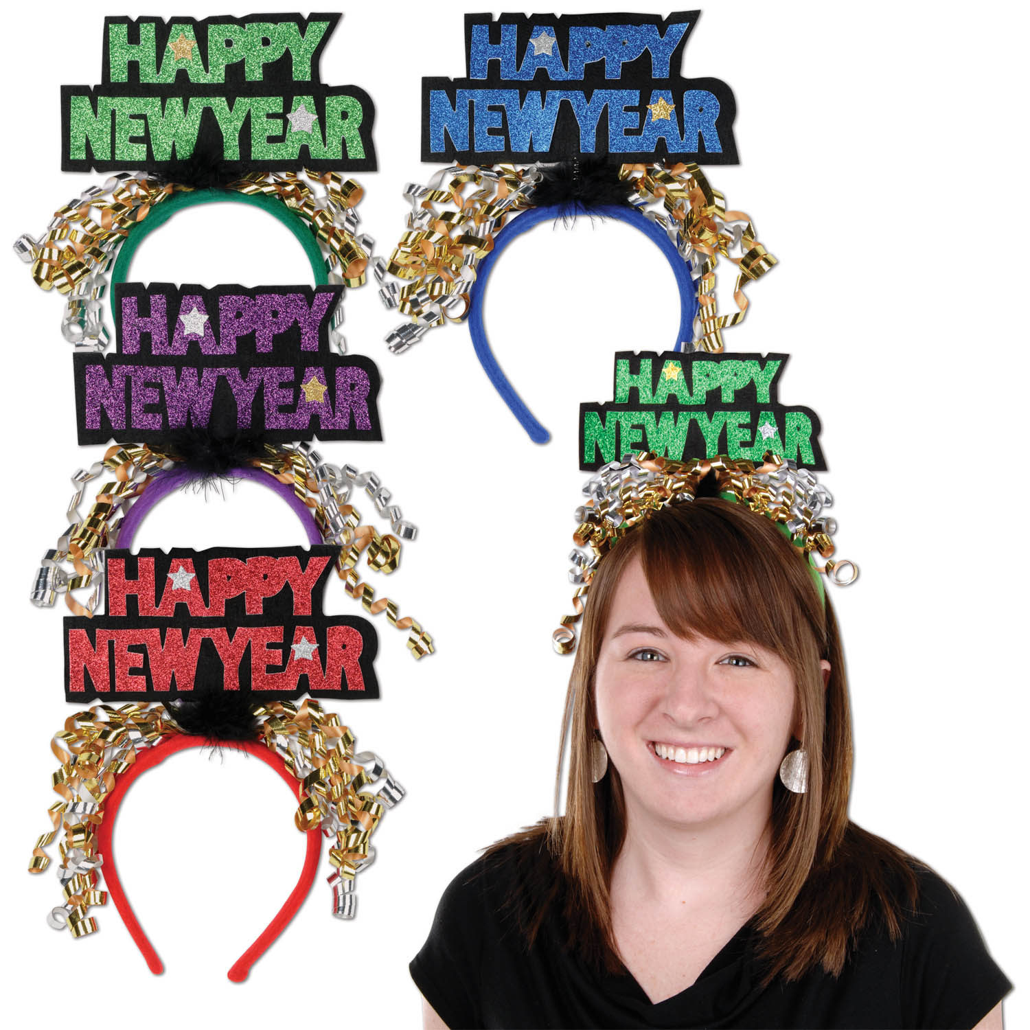 Headwear that comes with a red, purple, green or blue headband and reads "Happy New Year" with curled ribbon.