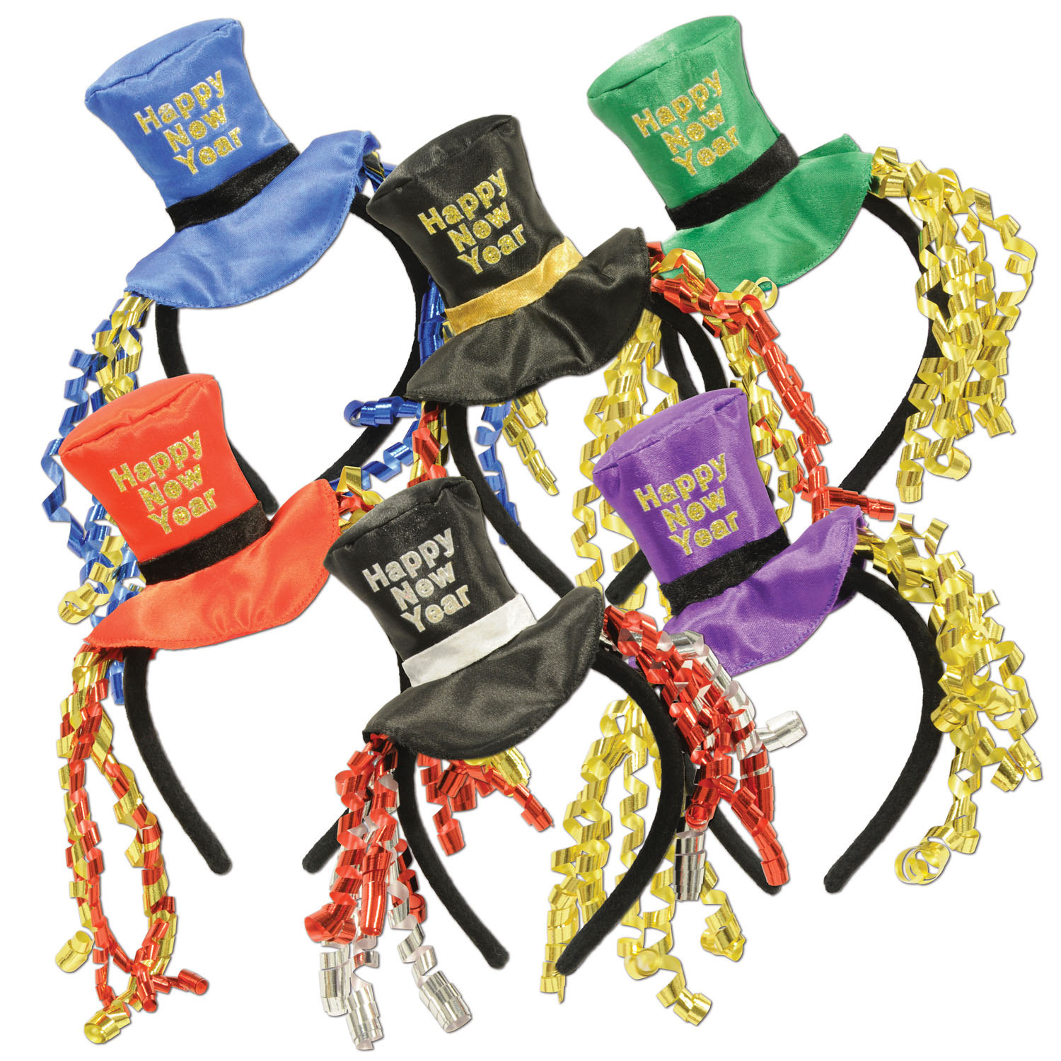 Multi-colored pack of headbands with top hats that reads "Happy New Year" with curled ribbon.