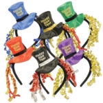 Multi-colored pack of headbands with top hats that reads "Happy New Year" with curled ribbon.