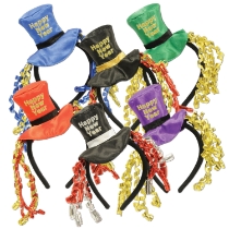 Multi-colored pack of headbands with top hats that reads "Happy New Year" with curled ribbon.