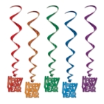 Red, Orange, green, blue, and purple Happy New Year Metallic whirls. 