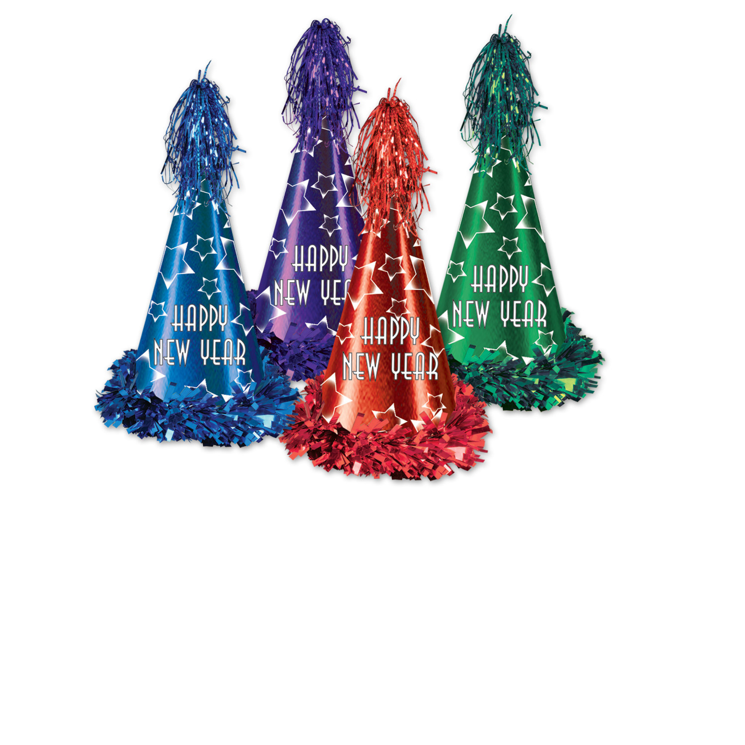 Cone shaped party hats with gem star printed white on each piece and finged bottom with a tinsel top.