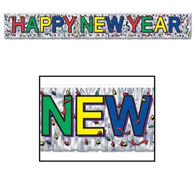 Silver metallic fringe Happy New Year banner with red, green, yellow, and blue alternating lettering along with tiny confetti piece design. 