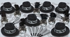 New Year party kit with black and silver fedoras, tiaras with a black feather, silver horns and beads
