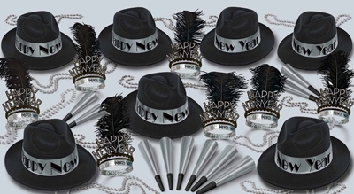 New Year party kit with black and silver fedoras, tiaras with a black feather, silver horns and beads