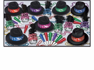 assorted mixed colored fedora new year's party kit that also includes tiaras with black feathers, horns, and beads