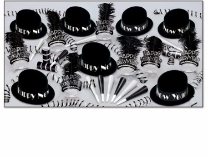 party kit with bowler hats with a new year band, happy new year tiaras with a feather, black and white horns
