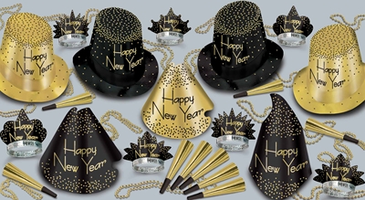 black and gold nye party kit with a mix of different types of hats and nye tiaras