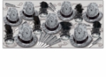 party kit for 50 people with happy new year silver hats with clocks on them along with tiaras, beads, and horns that match the hat