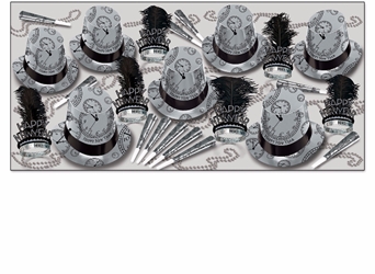 party kit for 50 people with happy new year silver hats with clocks on them along with tiaras, beads, and horns that match the hat