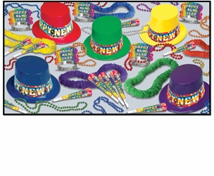 bright colored new years party kit with top hats, party horns, leis, and beads