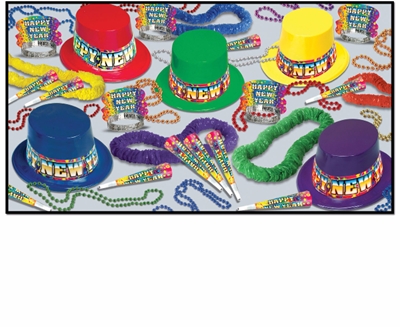 bright colored new year's party kit with top hats, party horns, leis, and beads