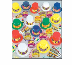 large nye party kit with an assortment of colorful party hats, tiaras, and horns