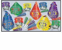 multi-color new year's eve party kit with party hats, nye tiaras, and party horns
